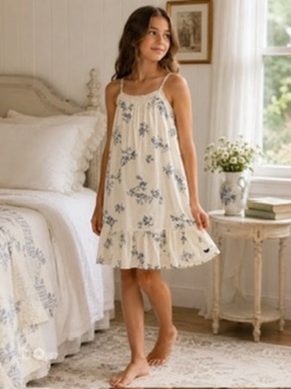 Petite Plume Girls Floral Nightgown Sleep Dress Blue White Size 12